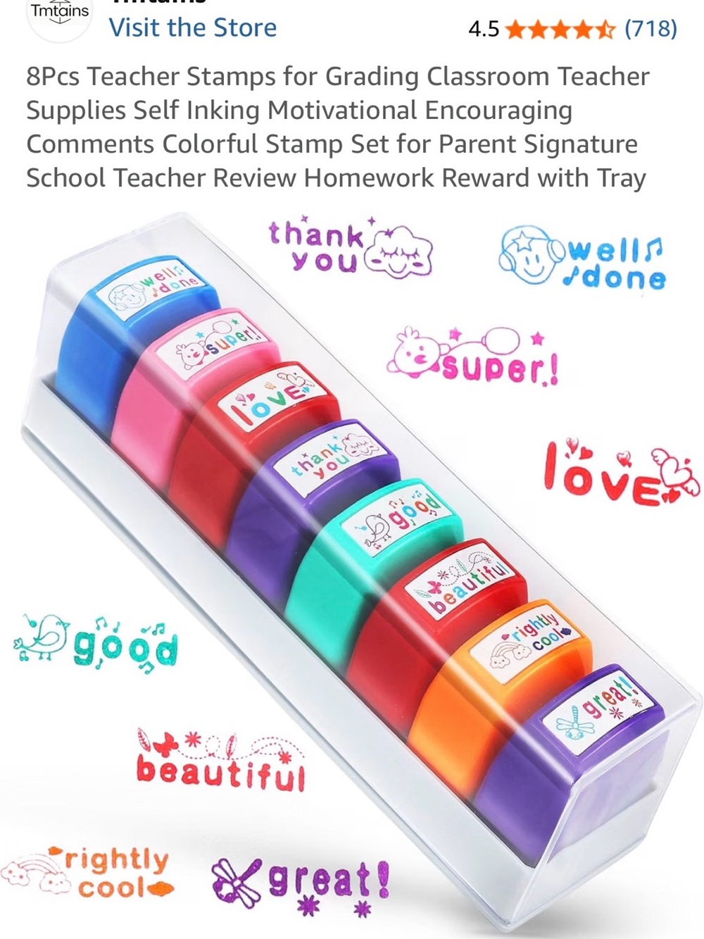 8-Piece Kids Motivational Self-Inking Stamp Set - Colorful Reward Stamps